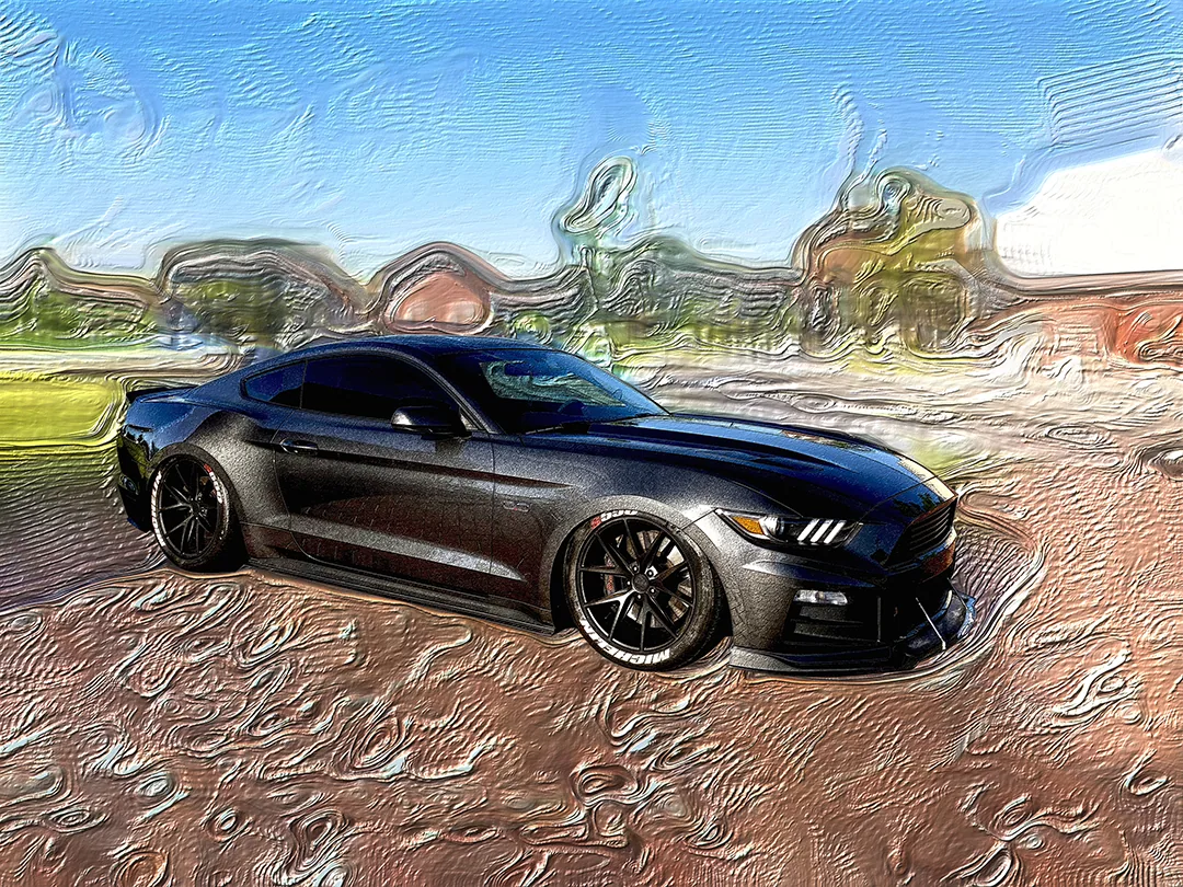 Digital painting of a grey Ford Mustang GT on ground rendered as fine copper filigree, under an open blue sky with a melted treeline.