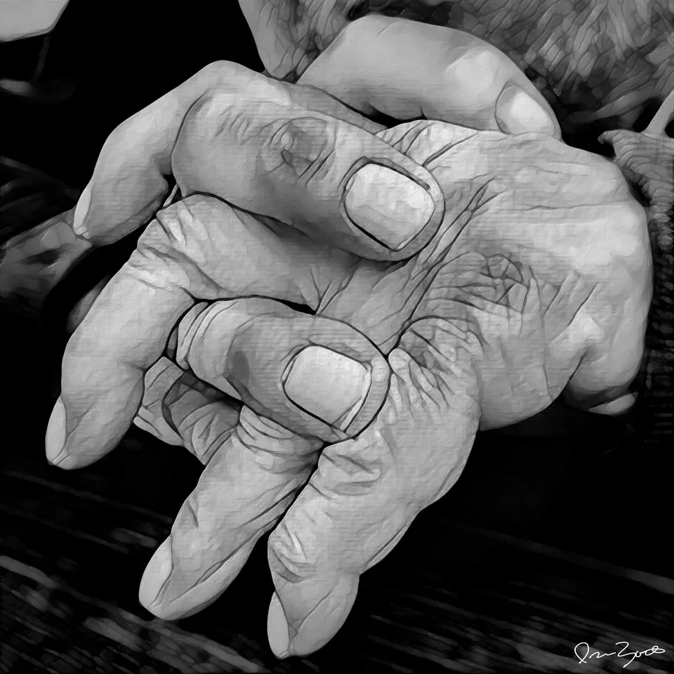 Black and white close-up of an elderly man's clasped hands rendered in heavy relief against a black background.