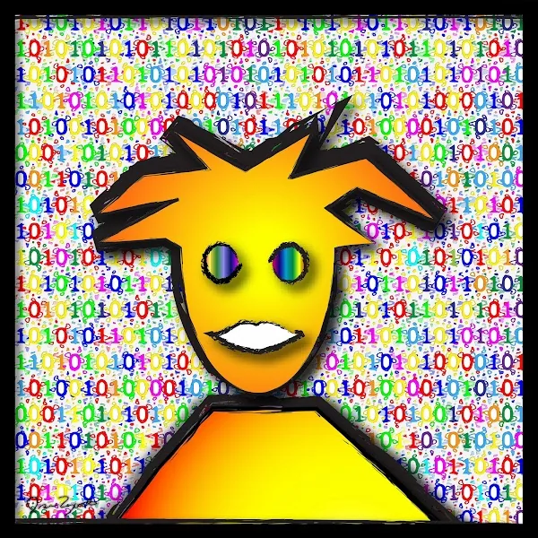 Digital illustration of a yellow spike-haired figure with rainbow-striped eyes against a background of multicoloured binary ones and zeros.