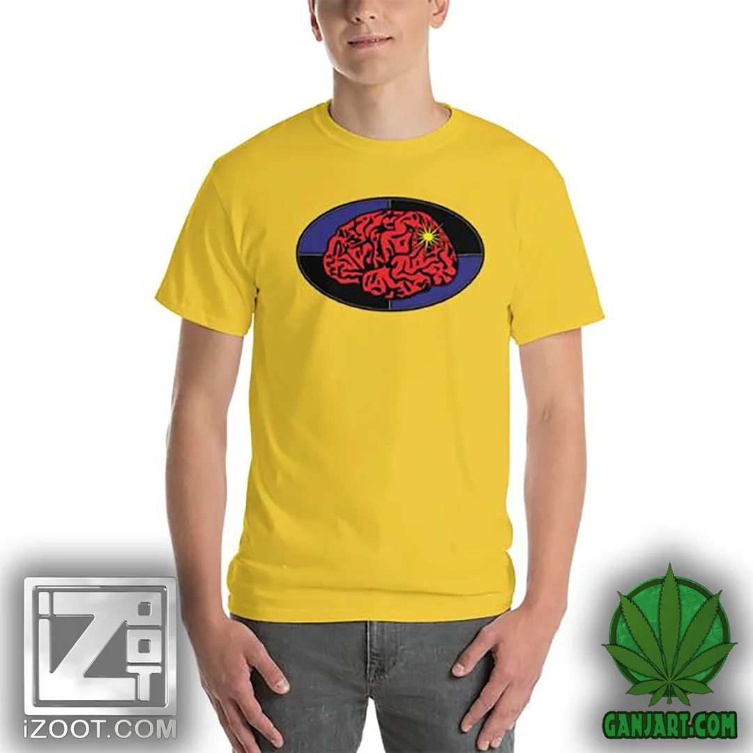 Yellow t-shirt printed with a red brain in black outline inside a quartered navy and black oval with a yellow spark.