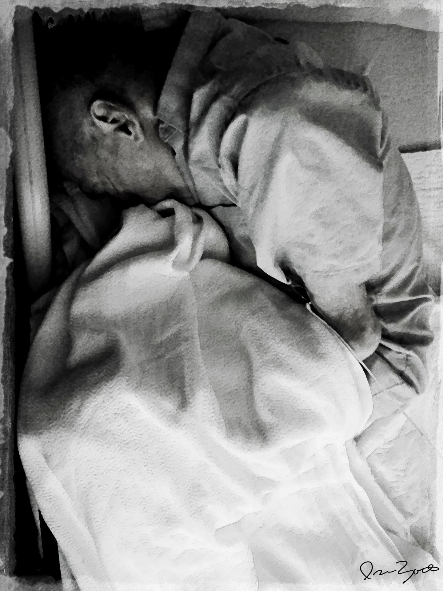 Black and white photograph of an elderly man turned away in a hospital bed beneath a large folded white blanket.