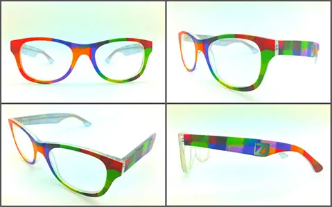 Eyewear product design concept: eyeglass frames with a dense fractal iZoot pattern running unbroken from brow to temple.