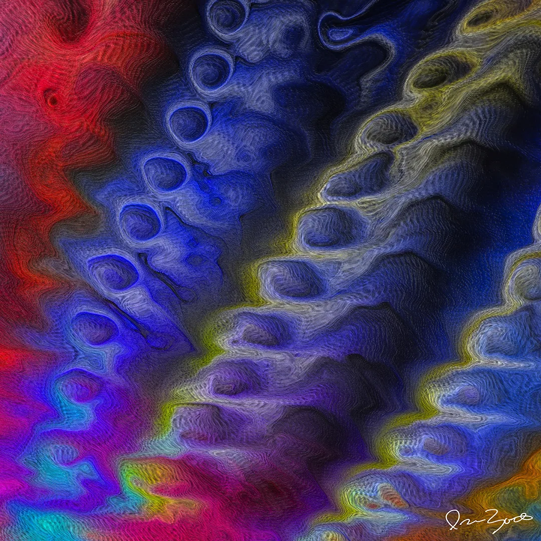 Square abstract digital painting of diagonal scalloped blue ridges with chartreuse highlights and a crimson left edge.