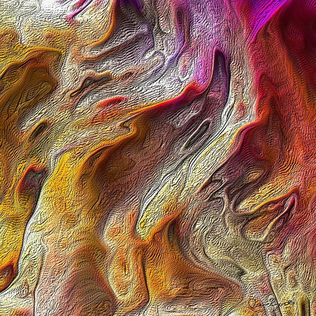 Square abstract digital painting of folded gold, orange and magenta ridges with fine contour-line texture.