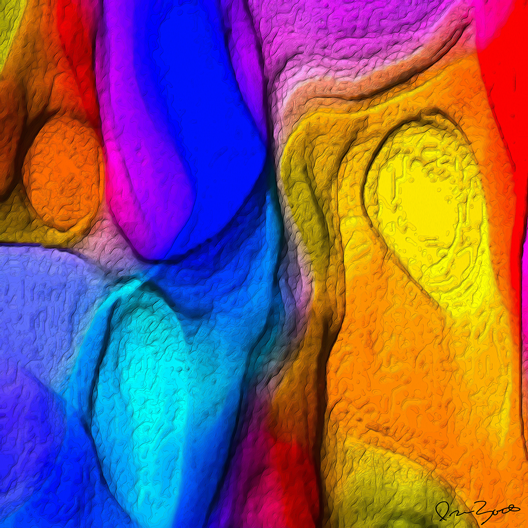 Square abstract digital painting of large interlocking petal shapes in cobalt, violet, magenta, orange and yellow with speckled impasto texture.