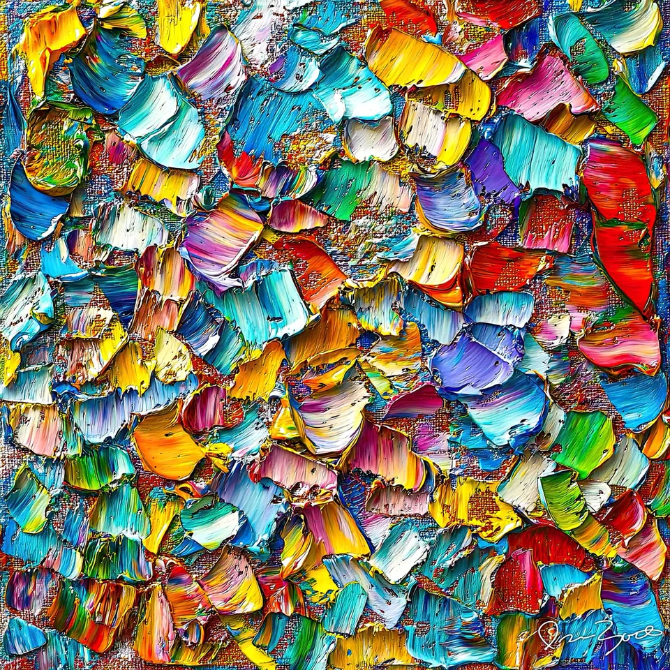Square abstract digital painting densely tiled with hundreds of small thick paint dabs in turquoise, yellow, pink, green and red over a rust-red woven ground.