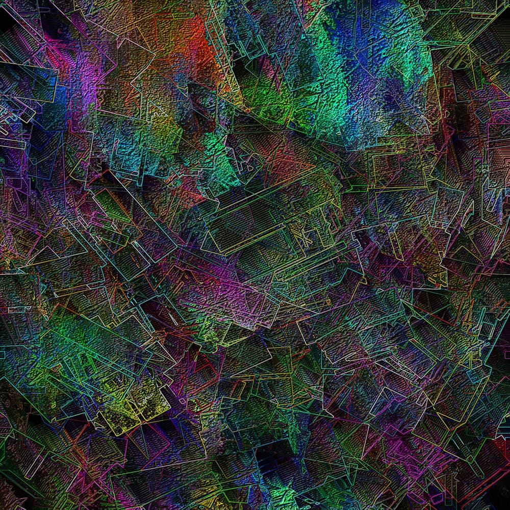 Square abstract digital work on a near-black ground covered in thousands of thin luminous magenta, green, cyan and gold outlines forming overlapping angular plates.