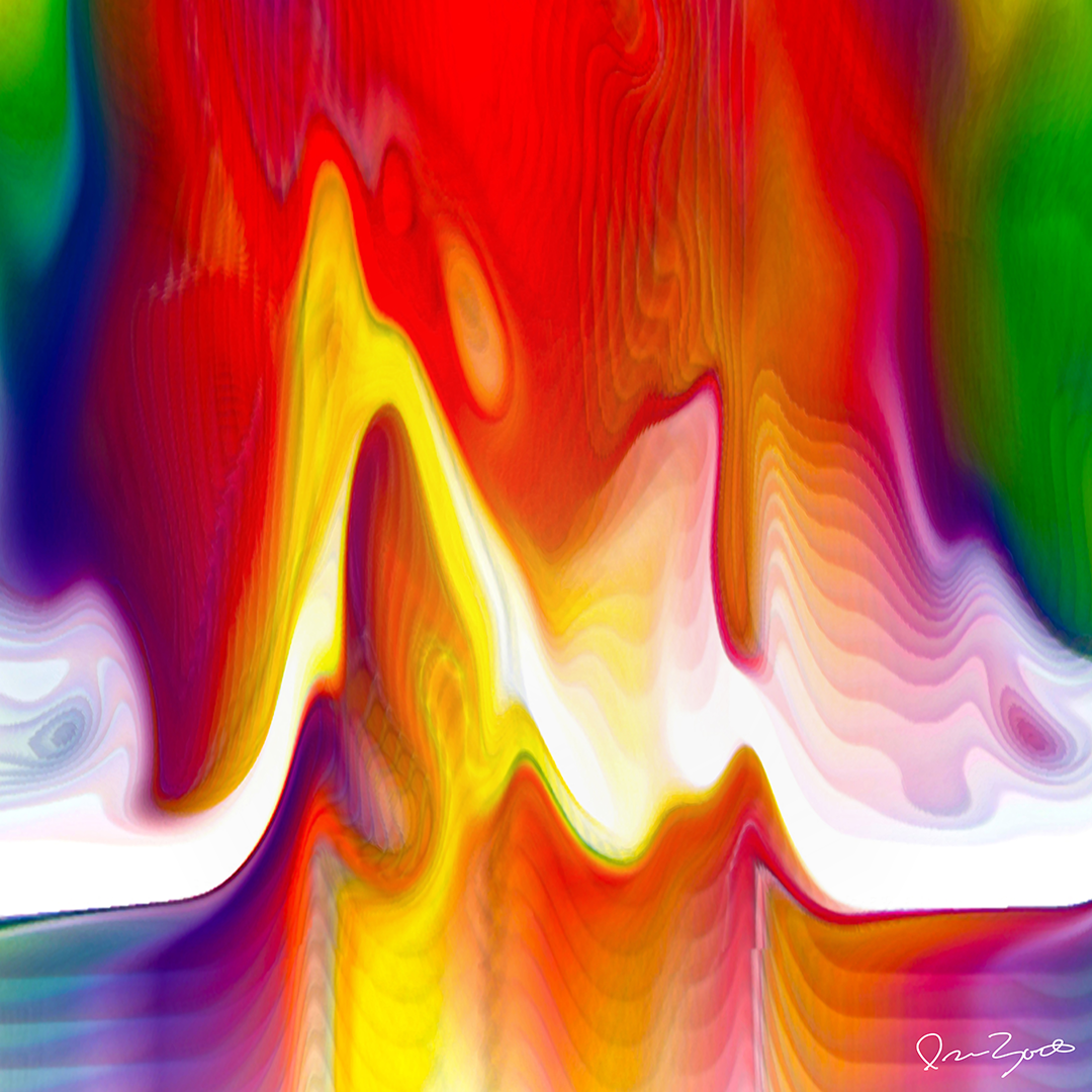 Square abstract digital painting of a scarlet and yellow crested wave against white with green and violet edges.