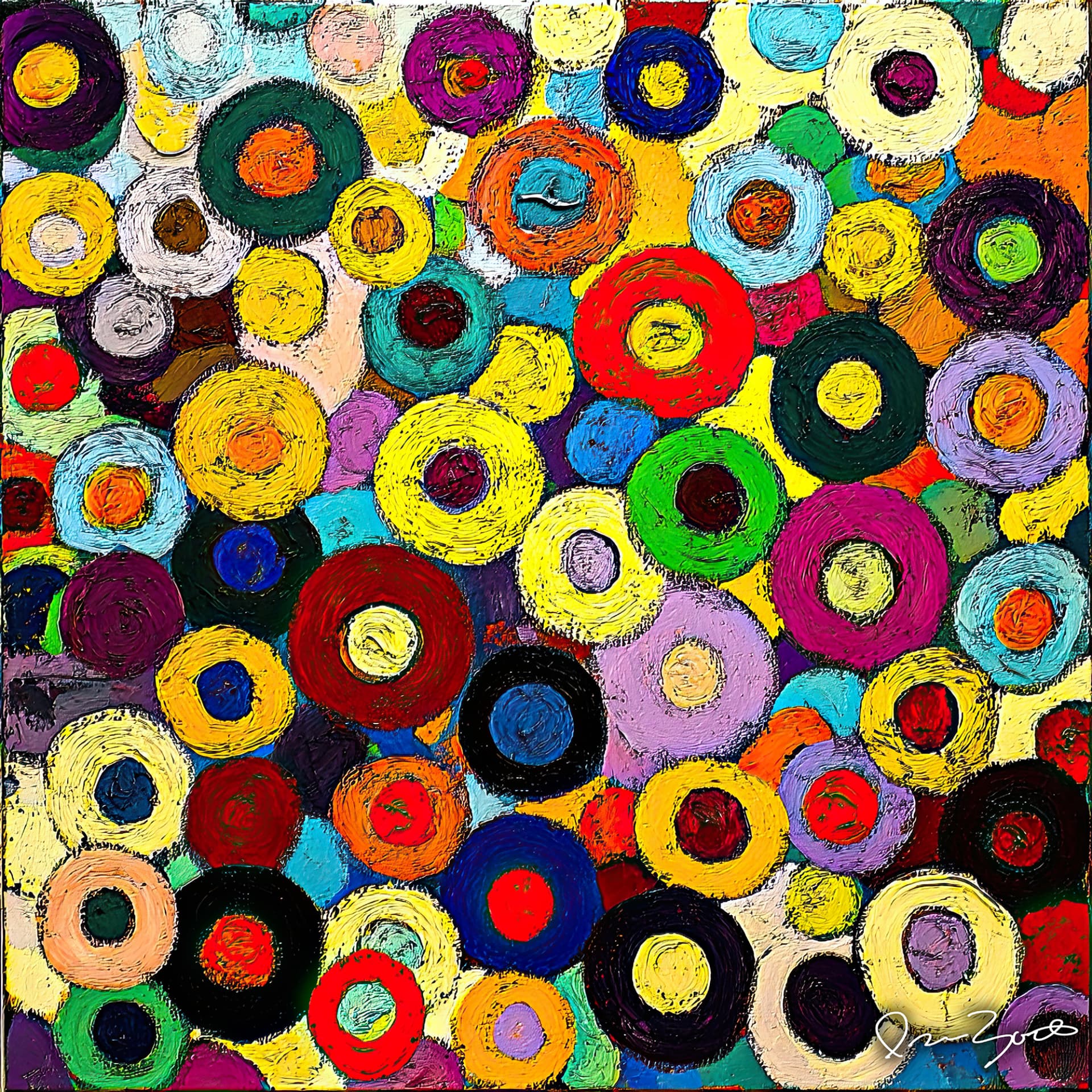Square abstract digital painting filled with overlapping concentric circles in yellow, red, turquoise, violet, green and white, rendered with heavy brush texture.