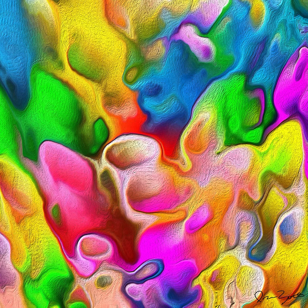 Square abstract digital painting of soft-edged organic pools of yellow, green, cyan and magenta paint with fine brush grain.