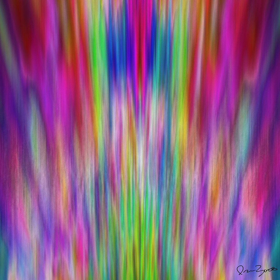 Square abstract digital painting of fine vertical striations in magenta, crimson, green, lavender and gold with a bright luminous centre.