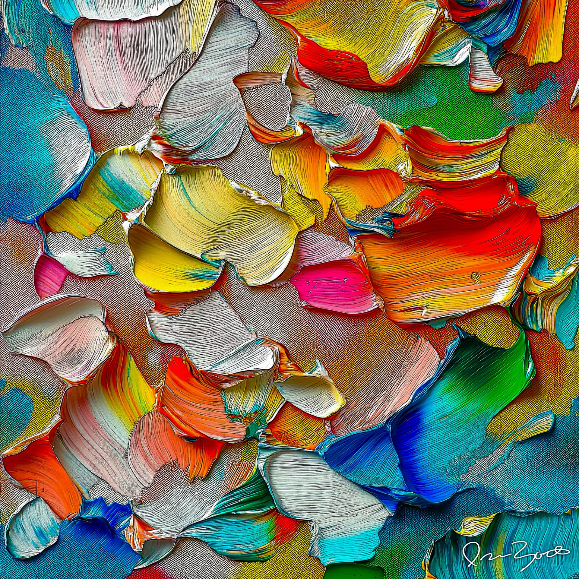 Square abstract digital painting of thick cream, yellow and orange palette-knife strokes with cool blue and green accents, over large areas of exposed linen canvas.