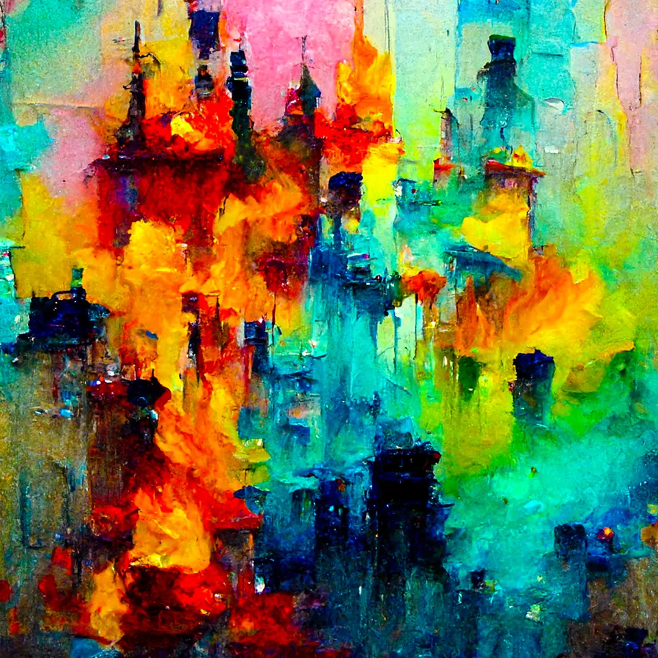 Square abstract digital painting suggesting a skyline, with vertical slabs reading as towers, blooms of orange and yellow rising between them, against mint and teal.