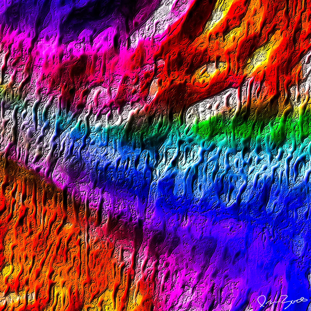 Square abstract digital painting of deeply textured rainbow color bands flowing diagonally across the image.