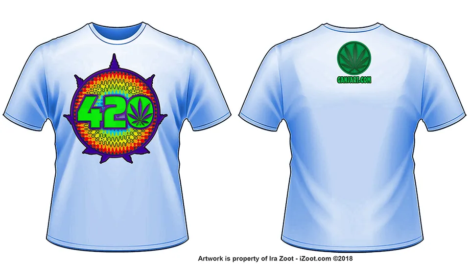 Front and back mockup of a pale blue t-shirt with a green 420 leaf starburst graphic and a GanjArt.com leaf logo on the back.
