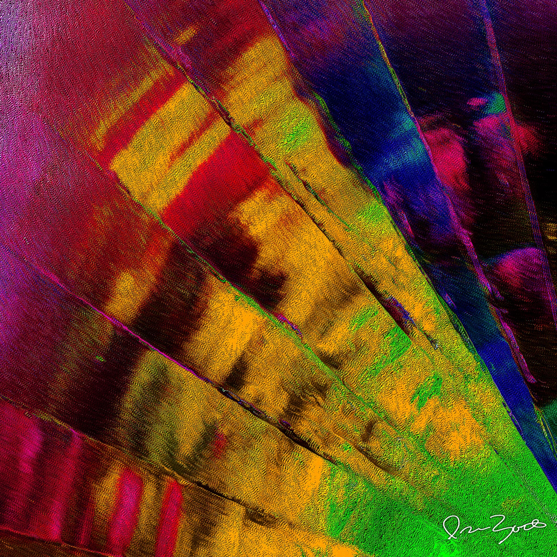 Square abstract digital work of wide diagonal bands in amber, orange, crimson and violet with a green wedge at right, all carrying a woven textile-like grain.