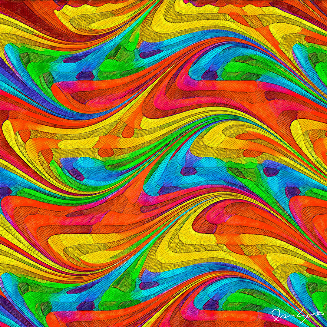 Square abstract digital painting with a repeating pattern of brightly colored hatched waves in yellow, orange, cyan and green.