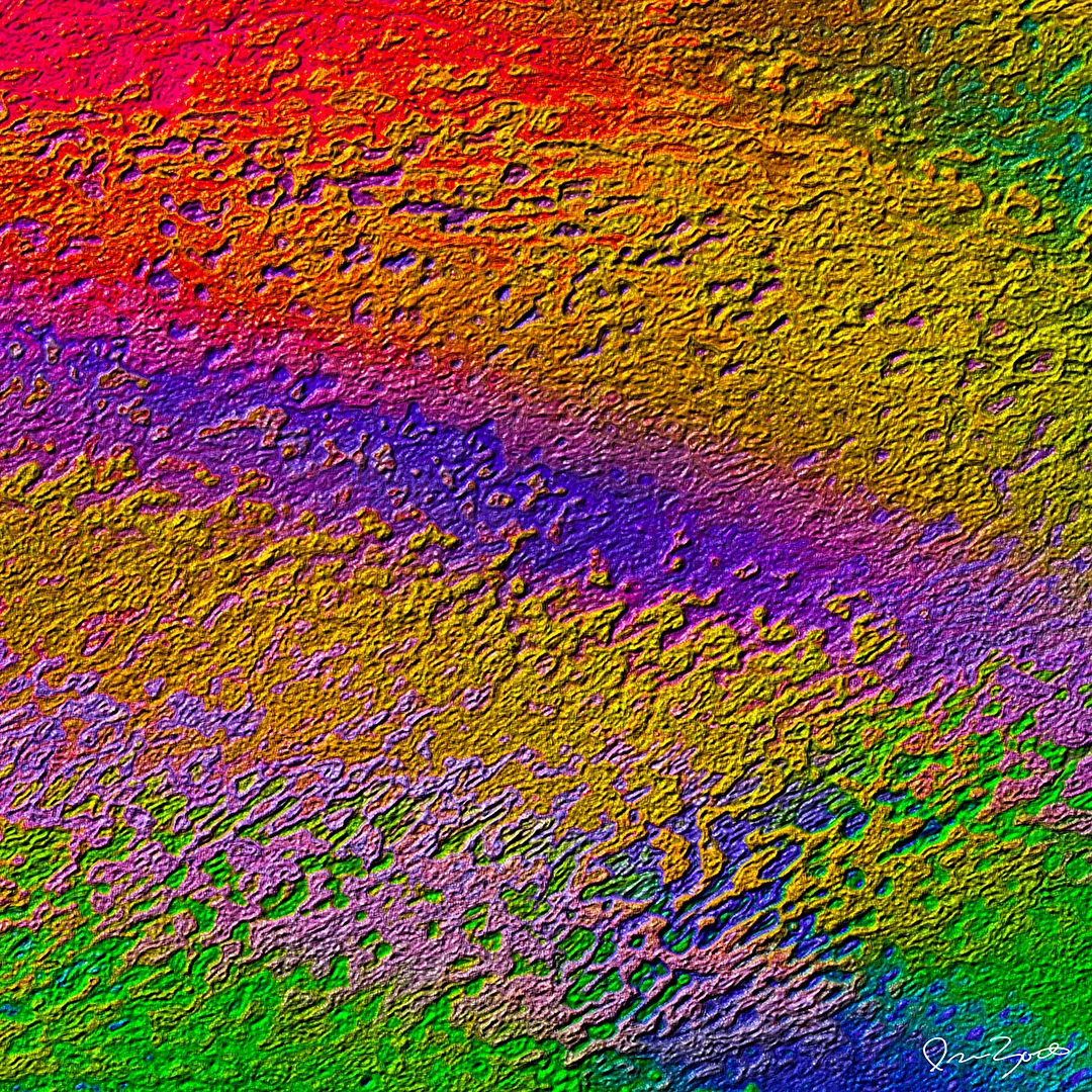 Square abstract digital painting of granular metallic relief graded from crimson and magenta through gold into violet and green.