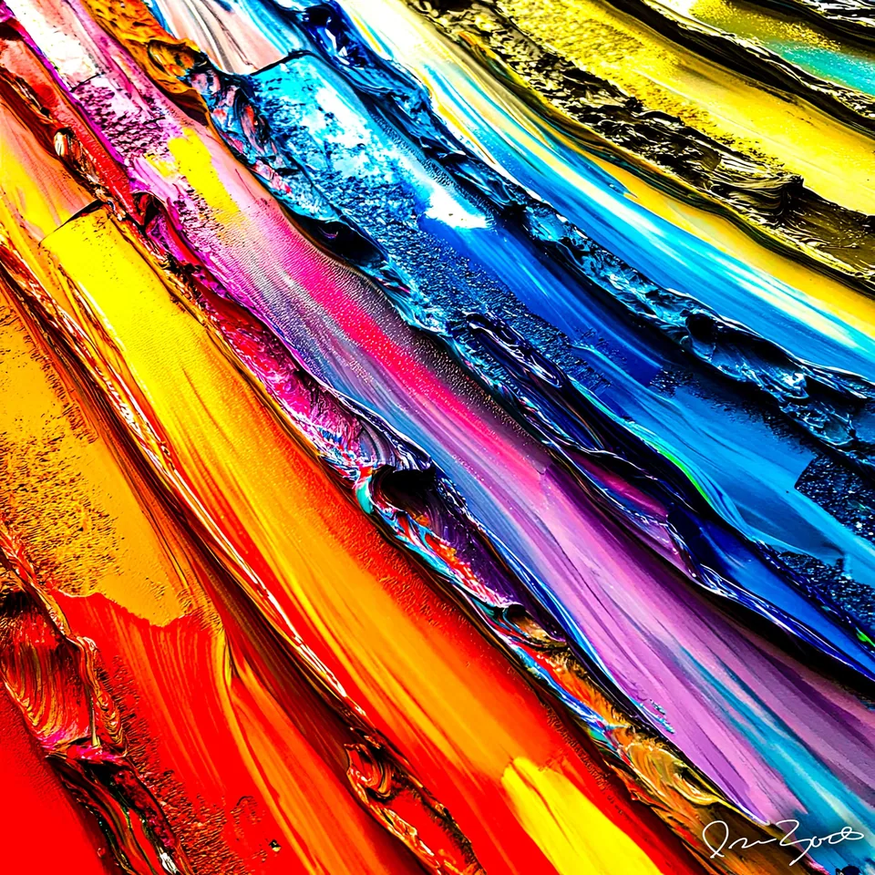 Square abstract digital painting of one long glossy diagonal sweep running from lower left to upper right in yellow, red, magenta, violet and cobalt blue.