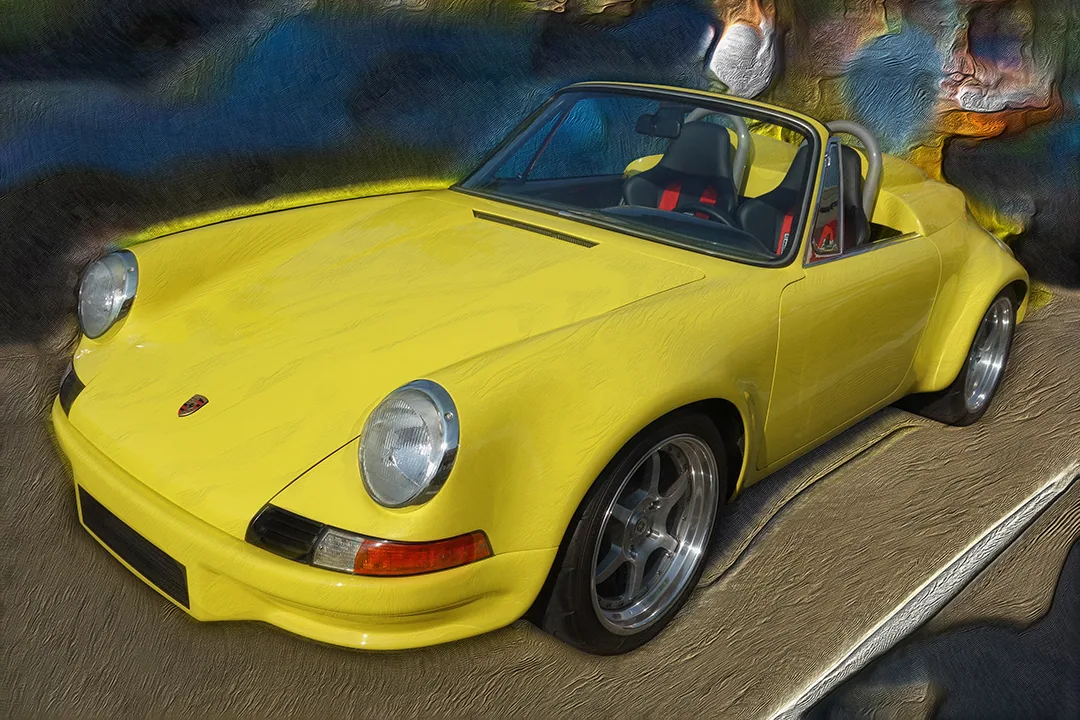 Digital painting of a yellow air-cooled Porsche 911 speedster with a roll hoop and red-striped seats, bodywork brushed in visible dry strokes.