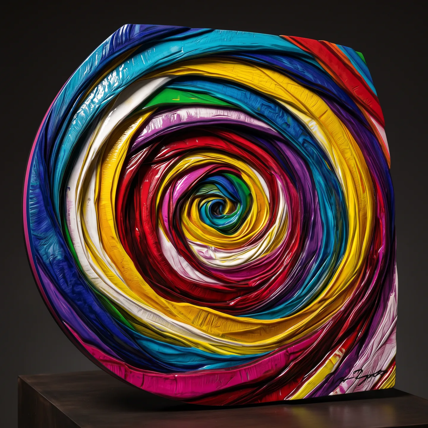 Dimensional interpretation of Vortex XI: concentric magenta, yellow and cyan bands carved as stacked lacquer ridges spiralling toward a central point, raking light catching each crest.