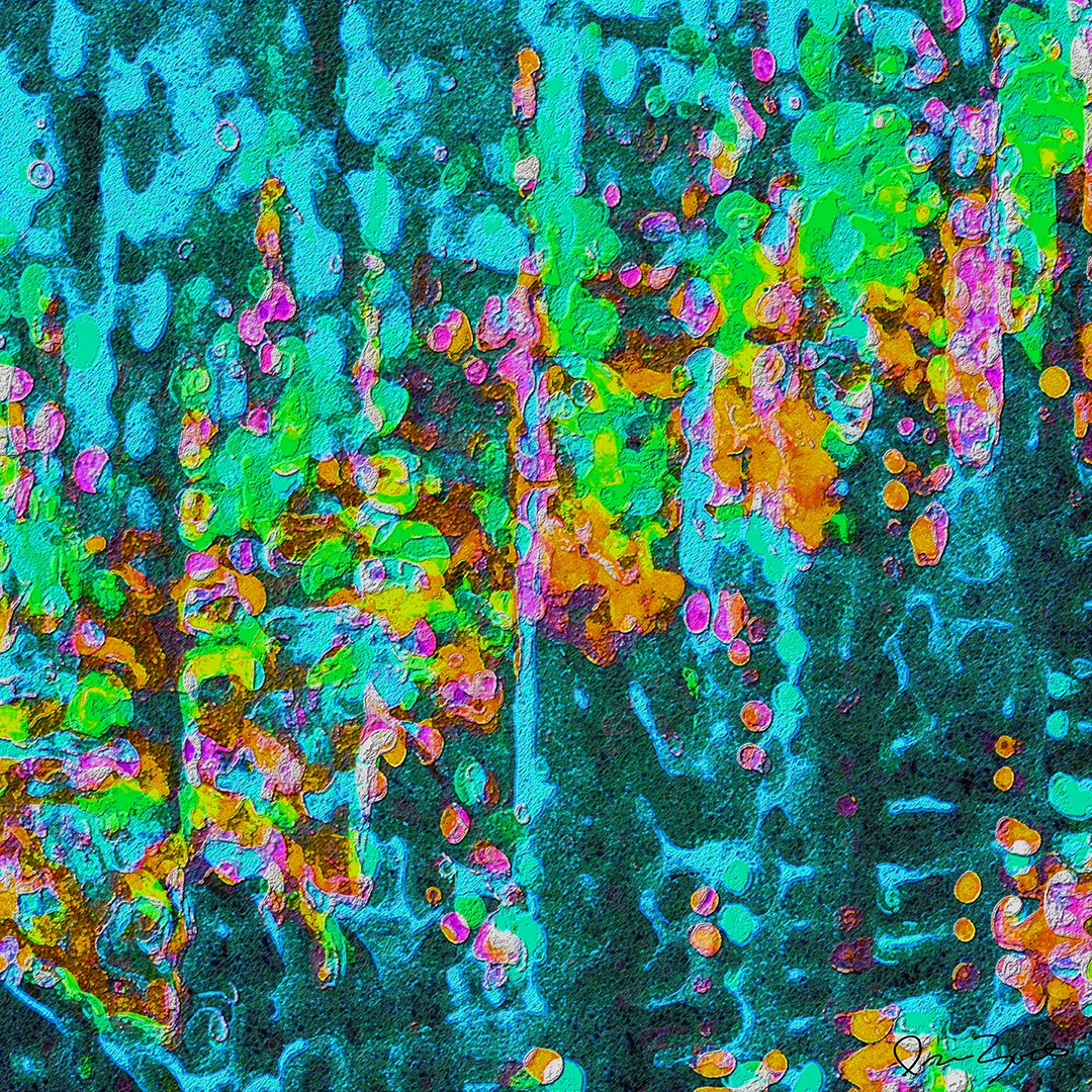 Square textural abstract digital painting with turquoise drips and clustered green, orange and pink marks on a dark ground.