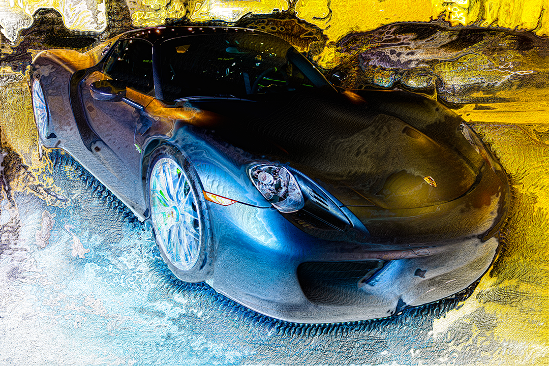 Digital painting of a dark Porsche 918 Spyder against a cadmium yellow ground above and icy blue-white crust below.
