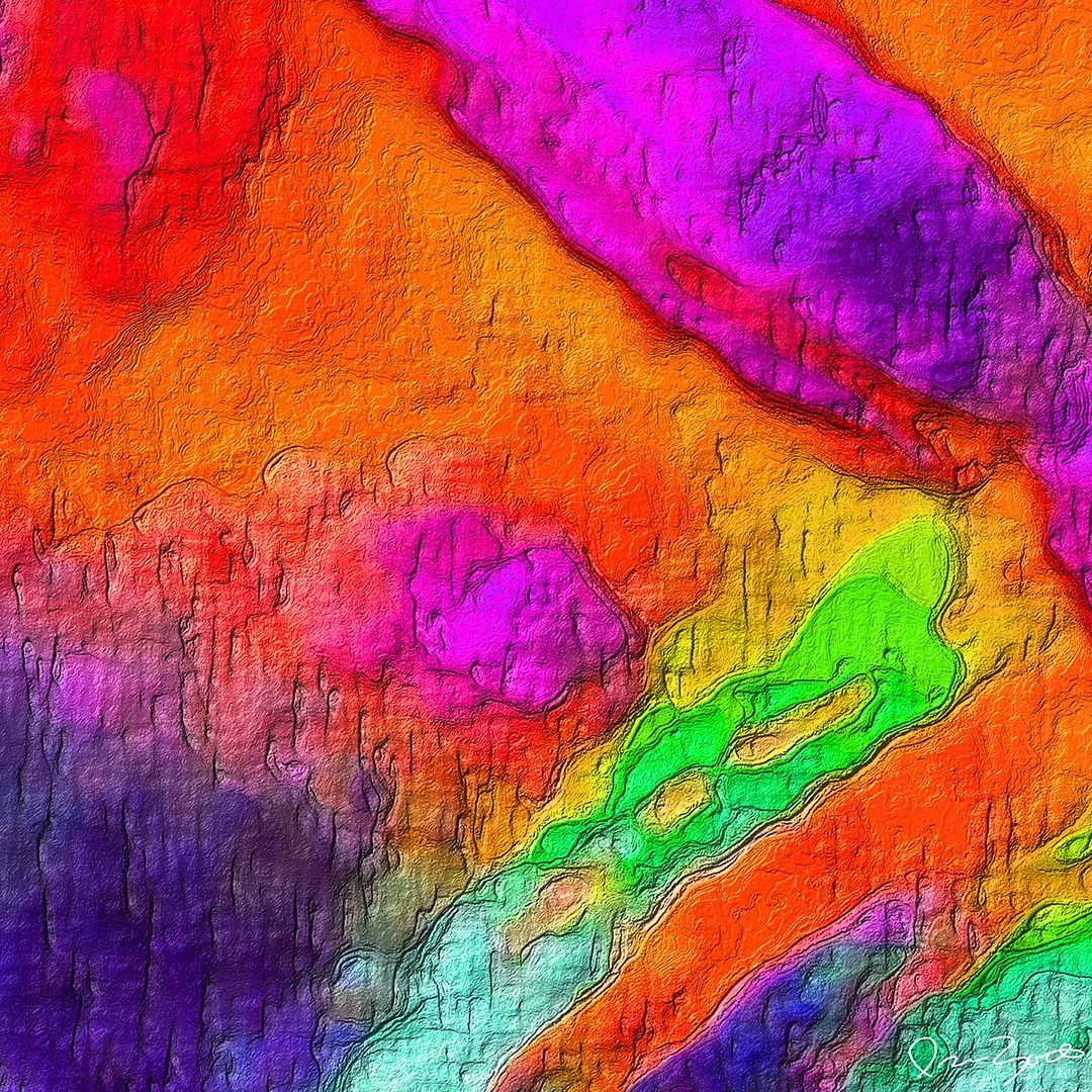 Square abstract digital painting of heavily textured orange, magenta, violet and green organic fields divided by dark contours.