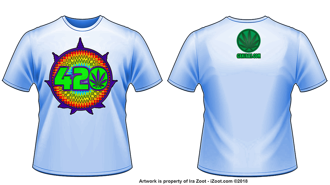 Front and back mockup of a pale blue t-shirt with a green 420 leaf starburst graphic and a GanjArt.com leaf logo on the back.