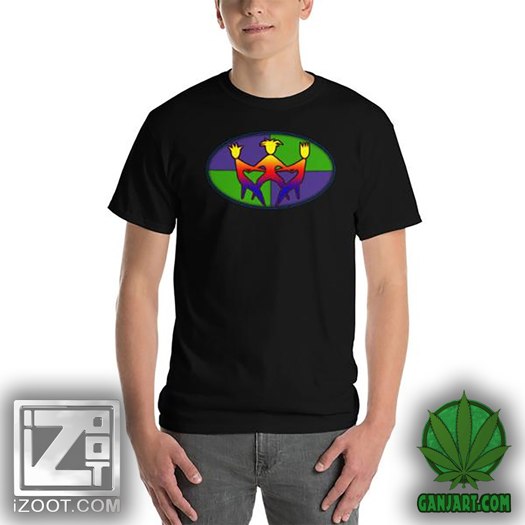 Black t-shirt printed with two mirrored gradient figures raising their hands inside a green and violet quartered oval.
