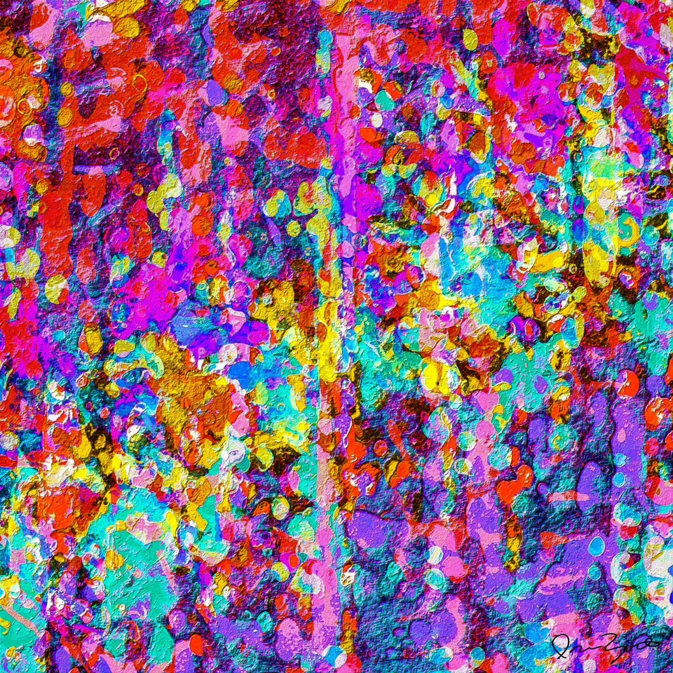 Square abstract digital work densely covered in thousands of small spatters and flecks of magenta, red, turquoise, violet and yellow, with faint vertical drips.