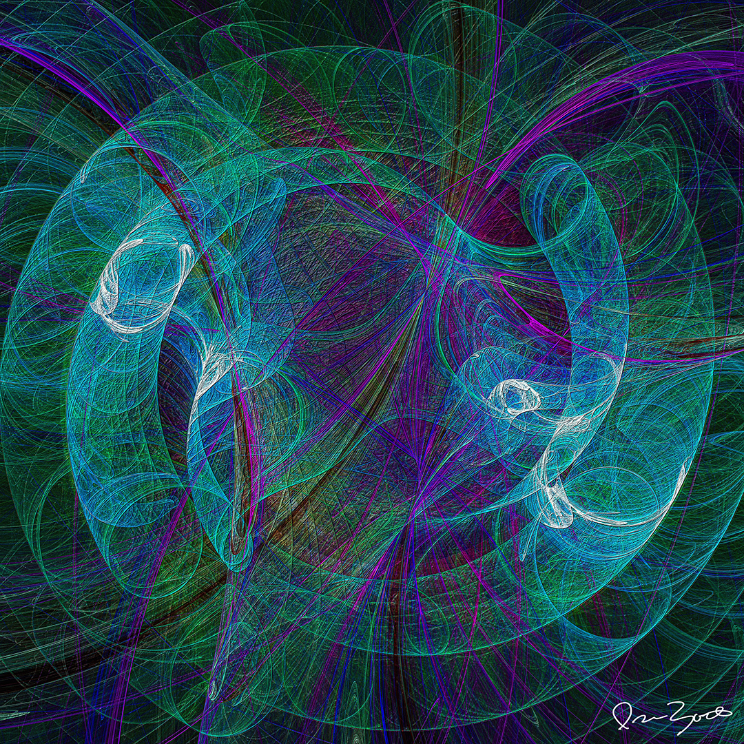 Square abstract digital artwork of luminous cyan, teal and magenta orbital lines swirling over a black ground.