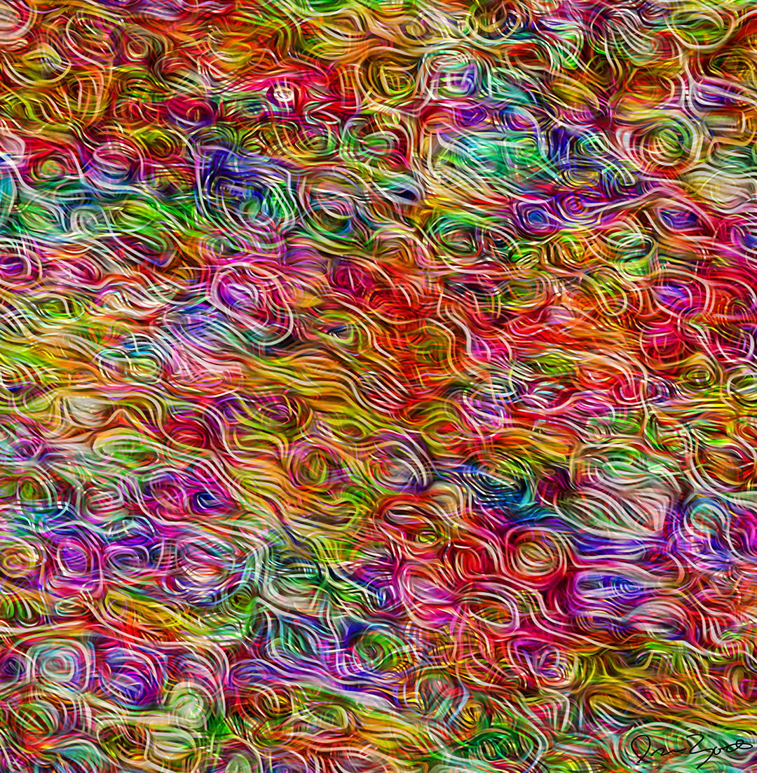 Square abstract digital painting filled with dense looping multicolored filaments in red, green, violet and cyan.