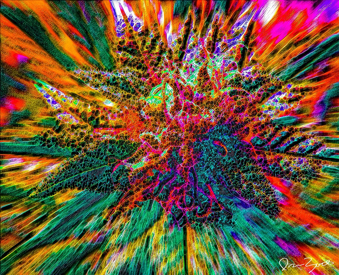 Landscape abstract digital painting of a dense cellular centre radiating green, orange, gold and magenta brush-like forms.
