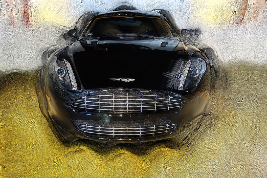 Digital painting of a black Aston Martin viewed head-on, with a chrome grille, against an ochre impasto ground and pale streaked sky.