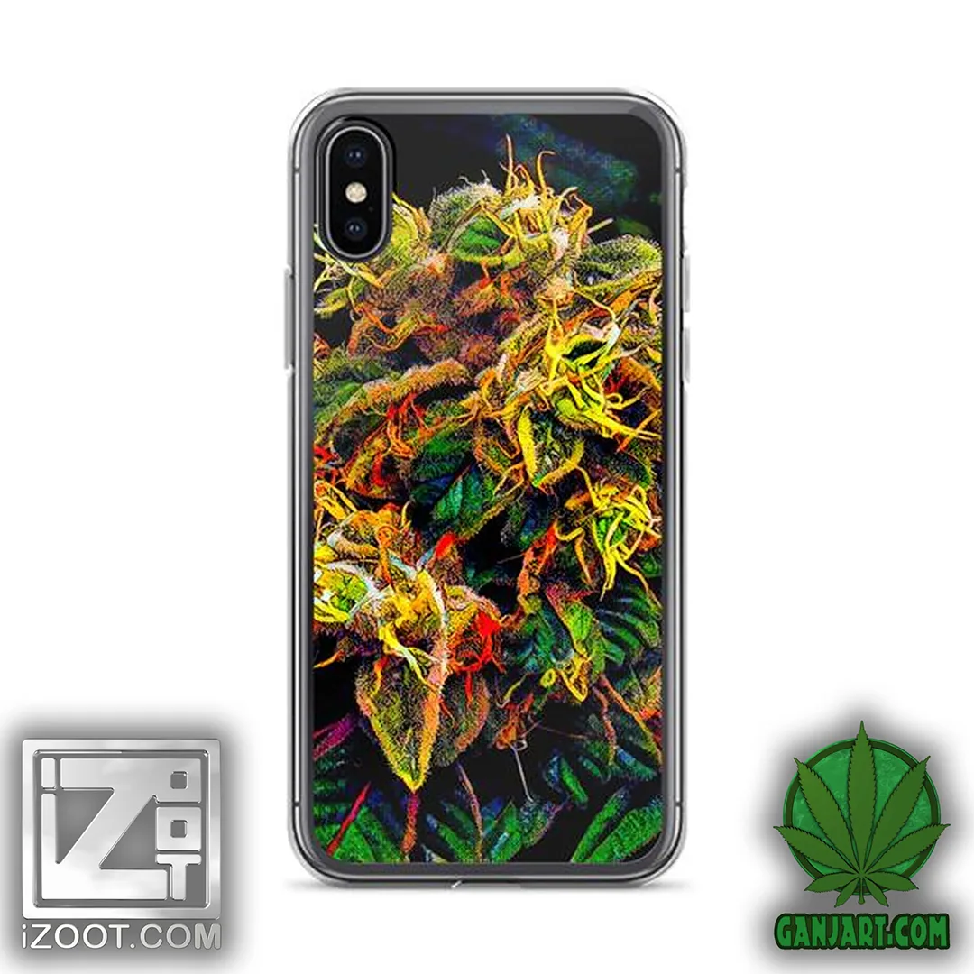 Clear iPhone case printed with a close-up cannabis flower in green, yellow and orange on a black background.