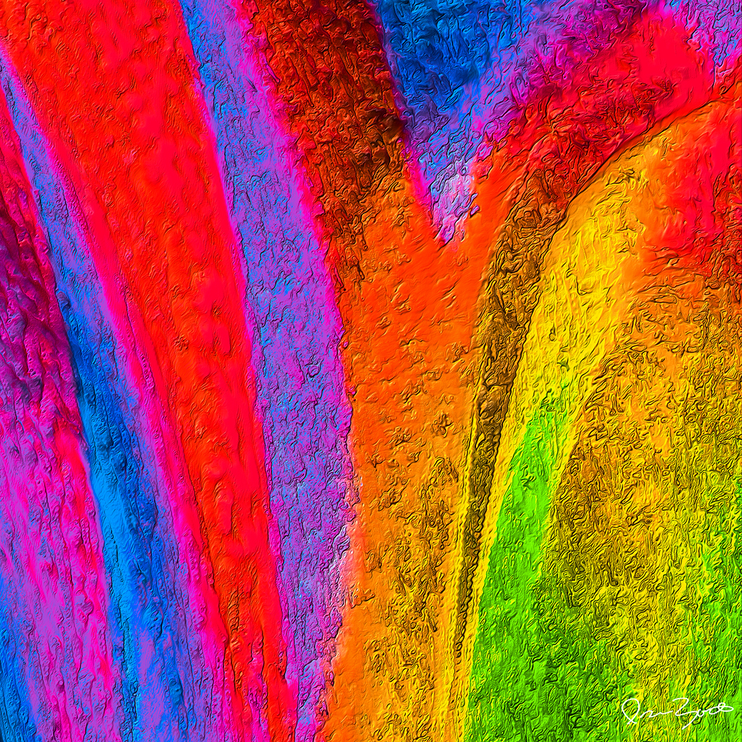Square abstract digital painting with vertical red, magenta and blue bands meeting an arc of orange, gold and green.