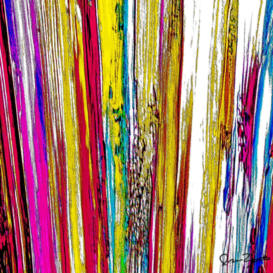 Square abstract digital painting of thin vertical fibres of magenta, yellow, ochre and cyan against broad areas of bare white, resembling bleached wood grain.