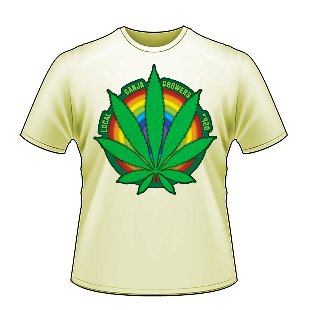 Cream t-shirt shown from the front with a large green cannabis leaf emblem over rainbow arcs reading Local Ganja Growers #420.