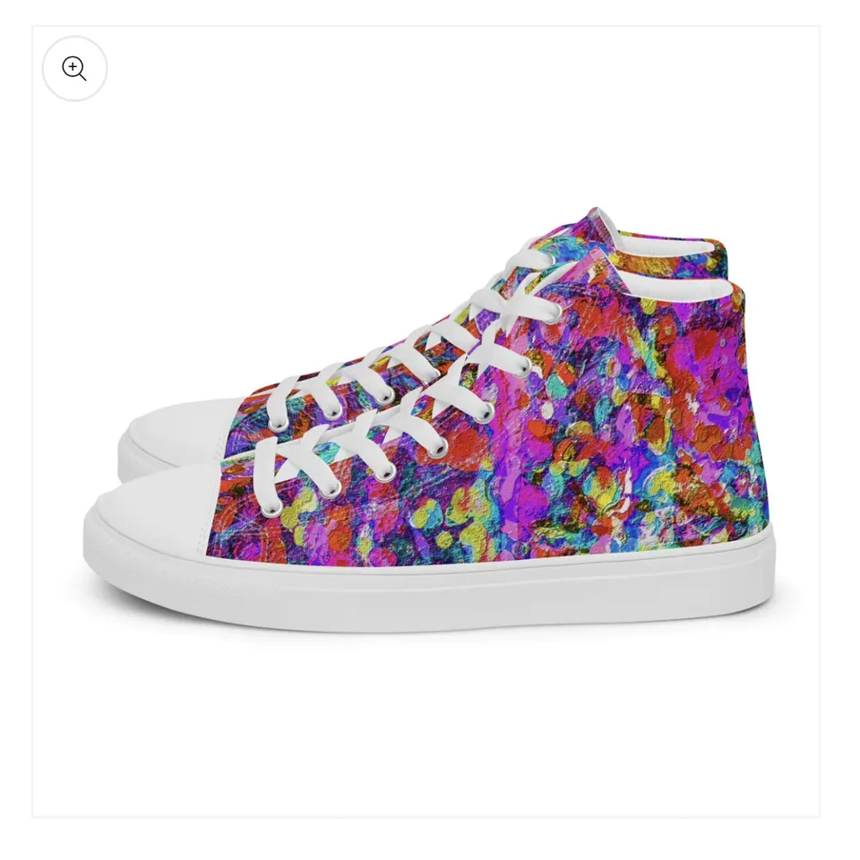 Footwear product design concept: white-soled canvas high-top sneaker printed with a textured magenta, orange and turquoise impasto pattern.