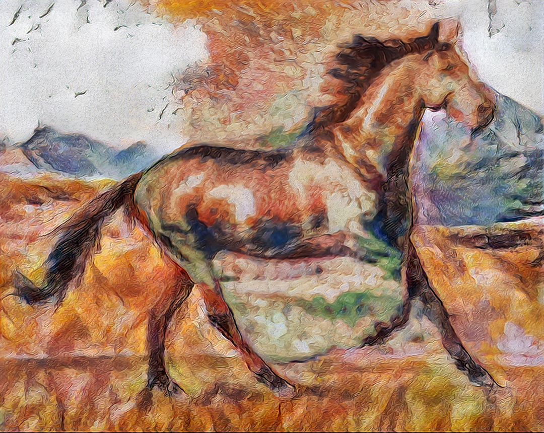 Expressive digital painting of a horse galloping through orange and cream desert terrain under a pale sky.