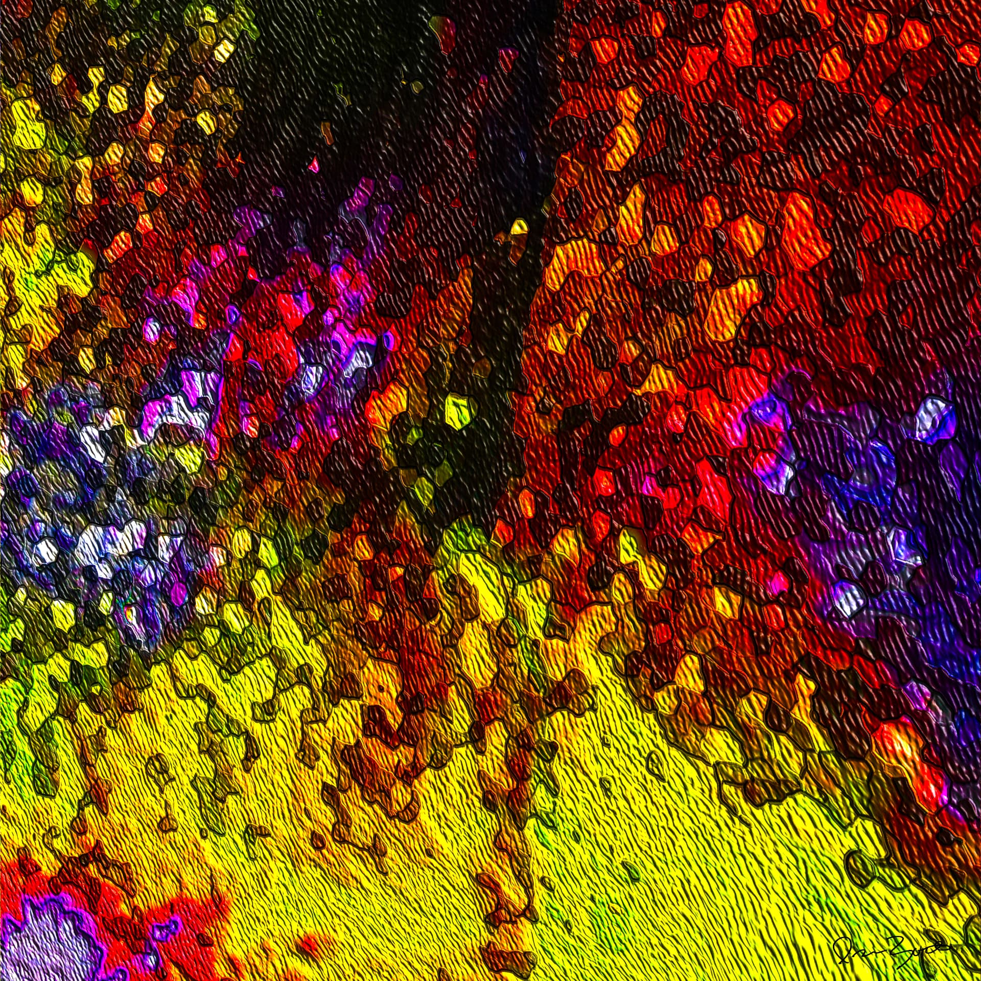Square abstract digital work of small dark-outlined cells forming fields of yellow, red and crimson split by a diagonal black band, with violet and white clusters.