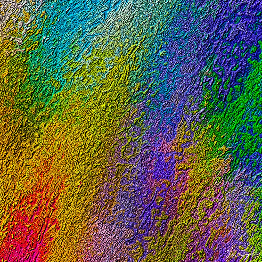 Square abstract digital painting of dense looping relief texture graded from crimson and gold into teal, indigo and emerald.