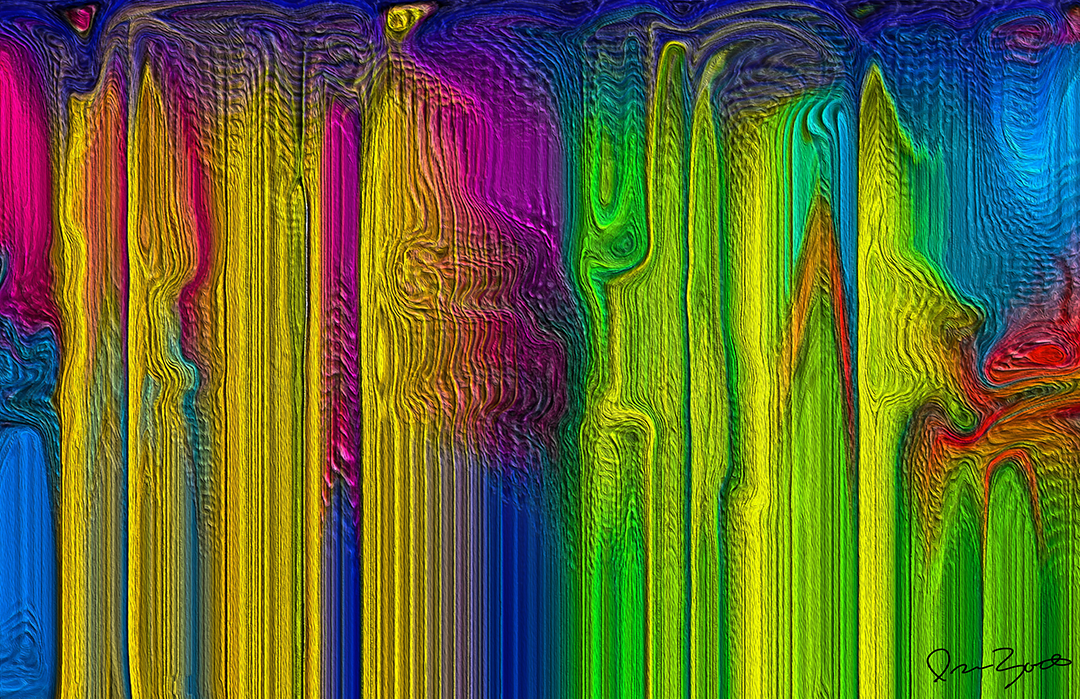 Horizontal abstract digital painting of tall combed vertical columns of yellow, green, magenta and cyan fibres with a red flare at the right.