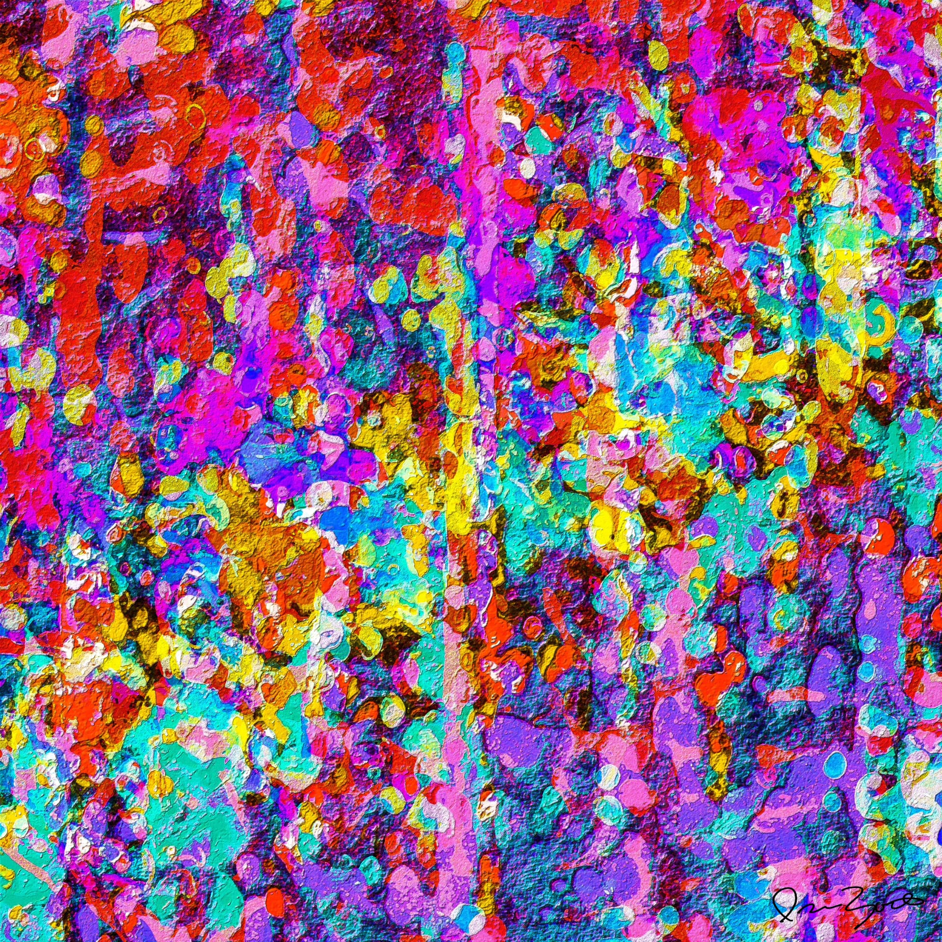 Square abstract digital work densely covered in thousands of small spatters and flecks of magenta, red, turquoise, violet and yellow, with faint vertical drips.