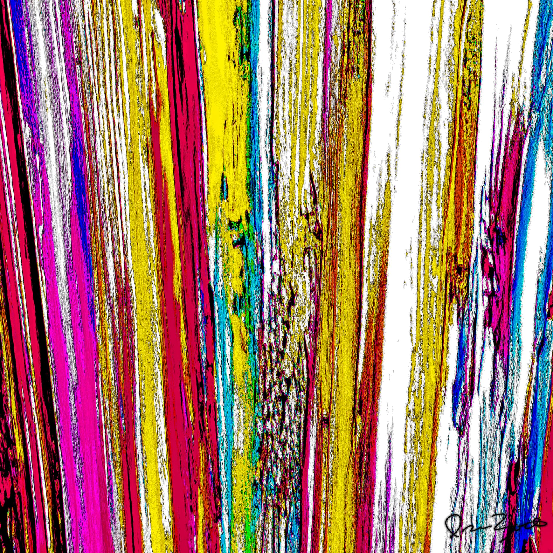Square abstract digital painting of thin vertical fibres of magenta, yellow, ochre and cyan against broad areas of bare white, resembling bleached wood grain.