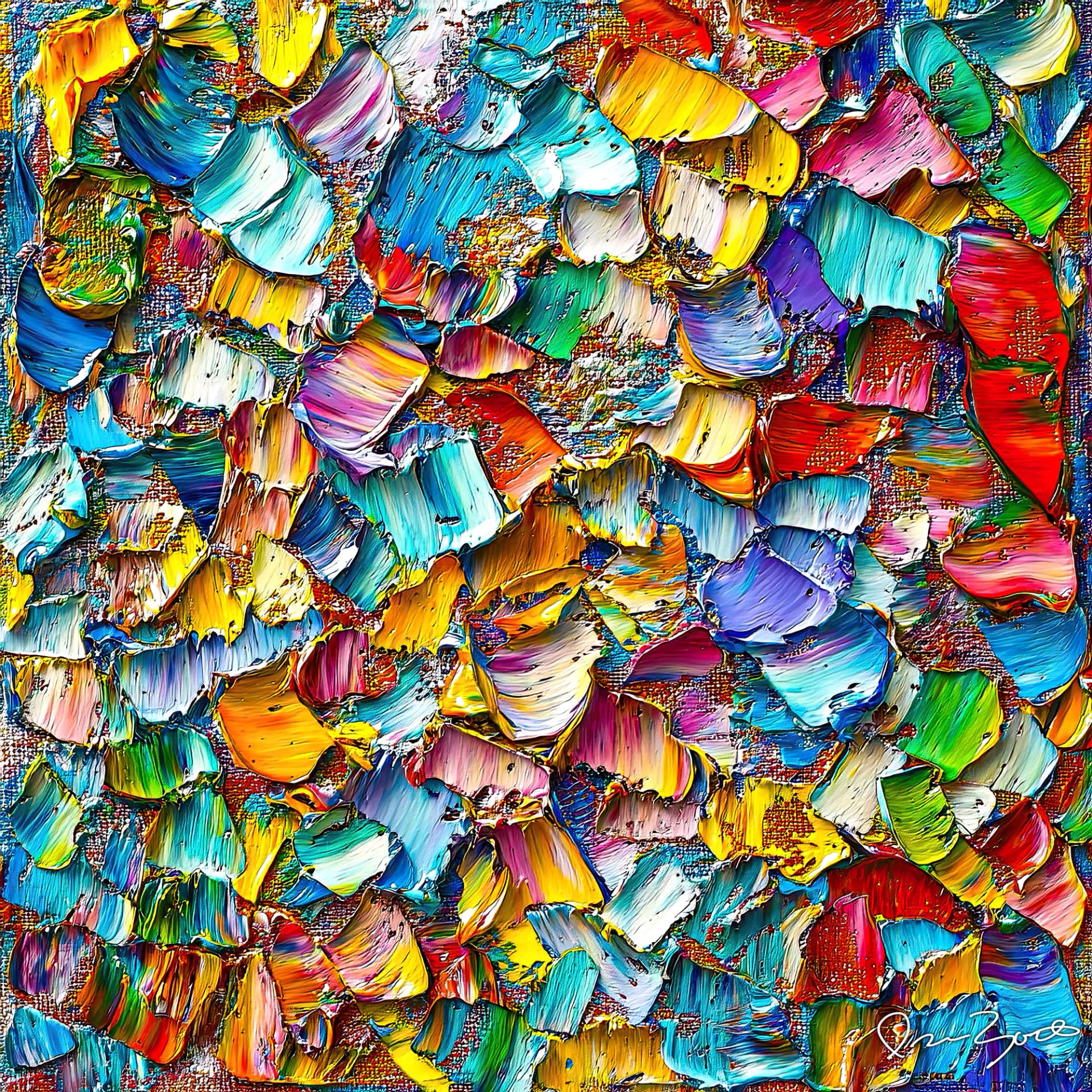 Square abstract digital painting densely tiled with hundreds of small thick paint dabs in turquoise, yellow, pink, green and red over a rust-red woven ground.