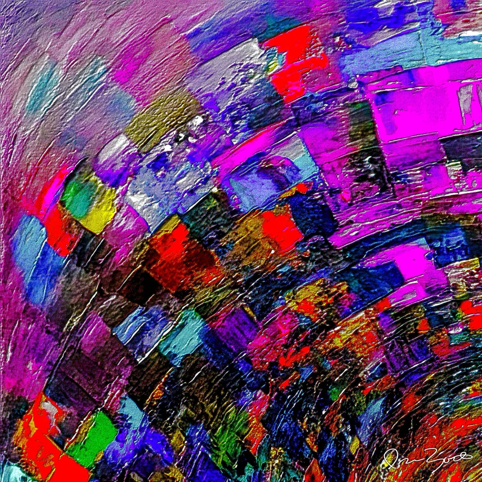 Square abstract digital painting with a broad plum-violet arc across the upper left and a diagonal mosaic of small red, blue, green, gold and black tiles filling the lower field.