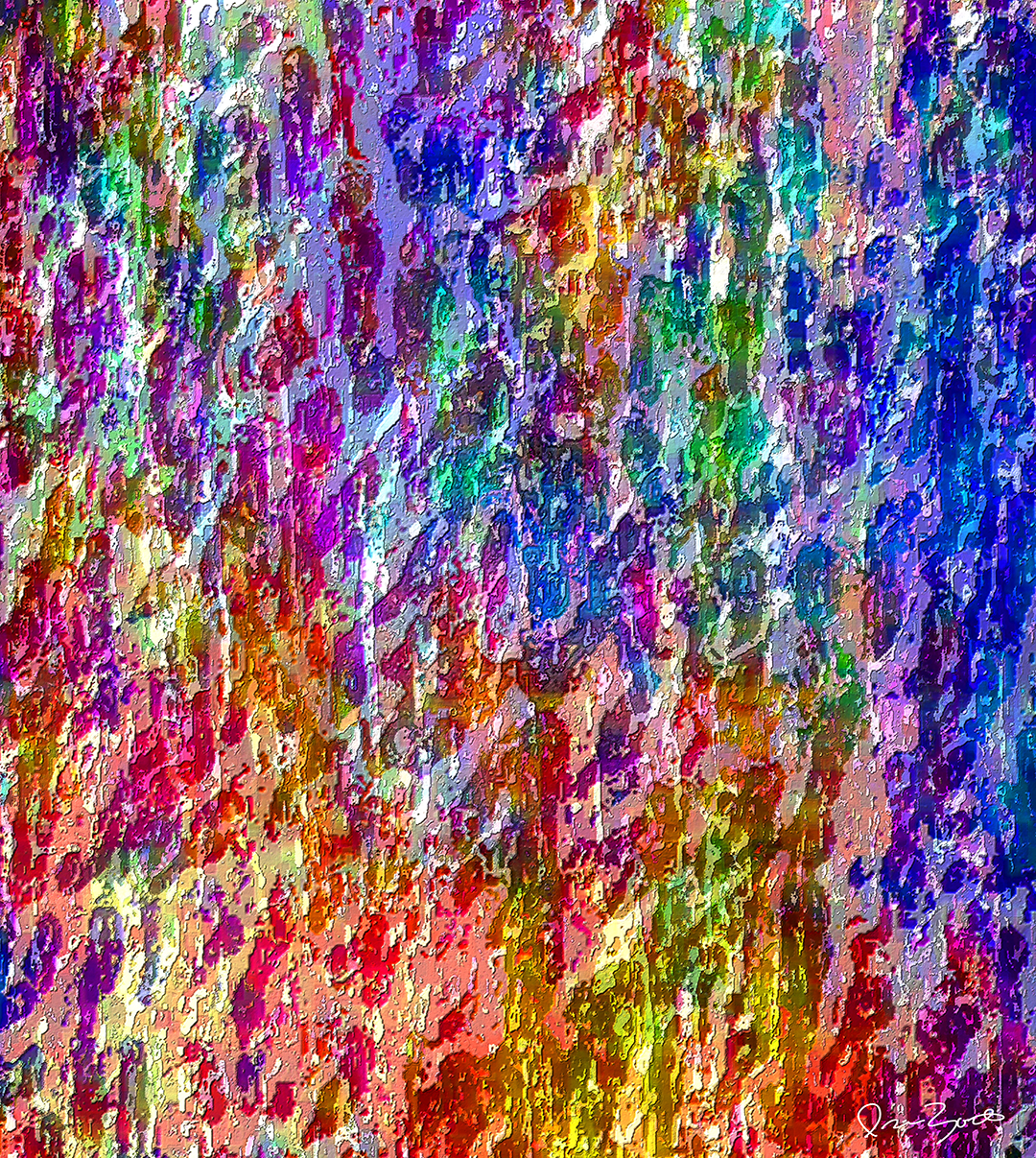 Vertical abstract digital painting with densely layered magenta, violet, blue, green and orange impasto-like marks.