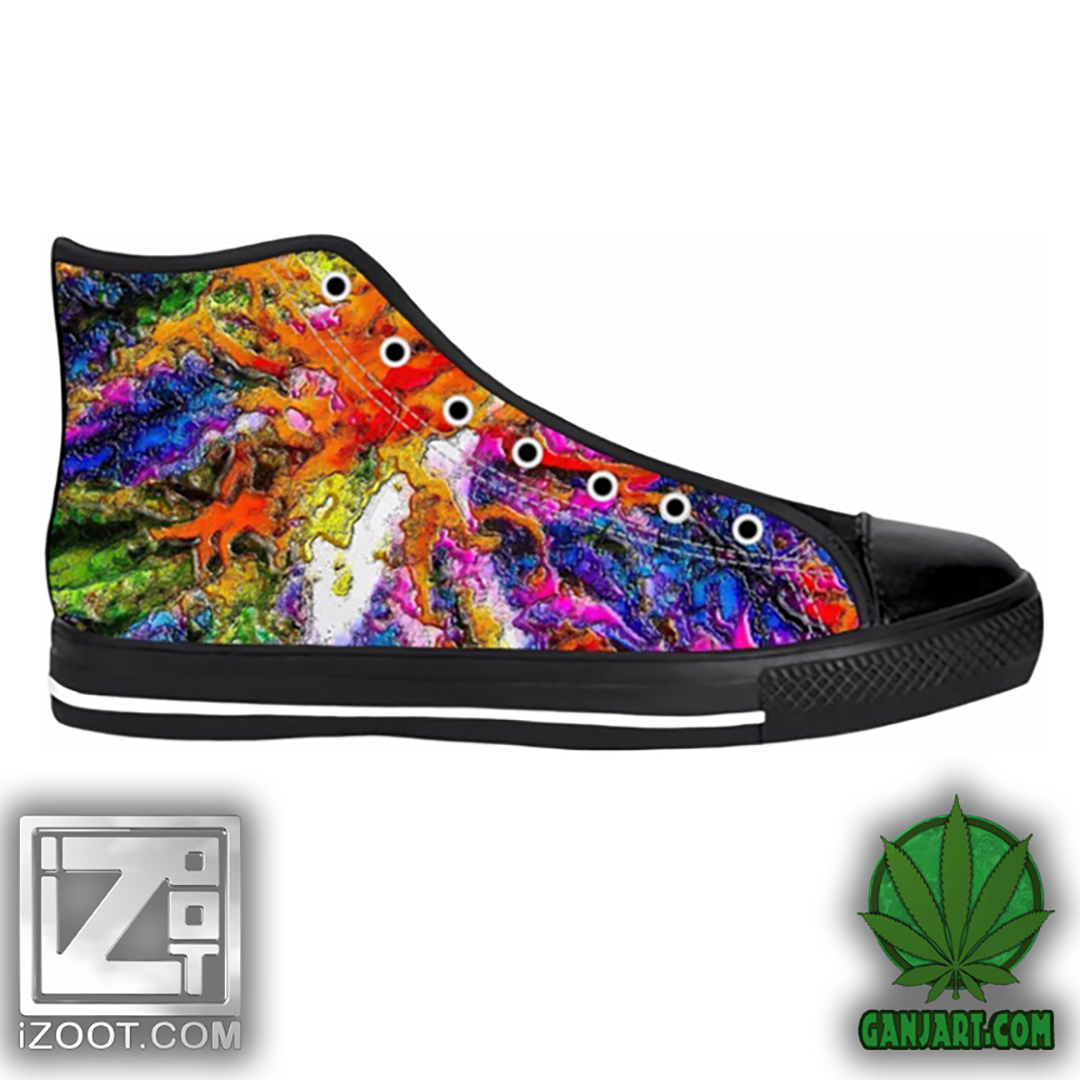 Black-soled canvas high top sneaker printed with a vivid orange, magenta, blue and green impasto abstract.